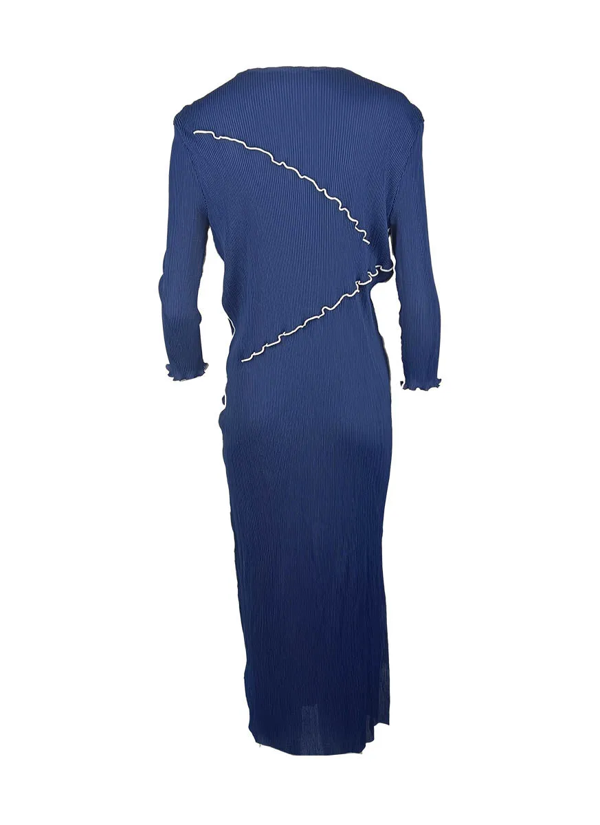 8240050 Three-Color Pleated Long Sleeve Dress *Navy