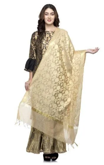 A R Silk Women's Chanderi Zari Embroidery Golden Fancy Chunni