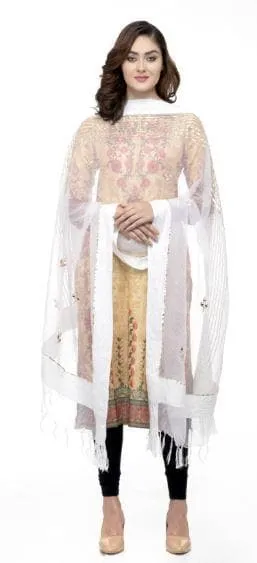 A R Silk Women's Orgenza Cotton Gota Work White Fancy Chunni