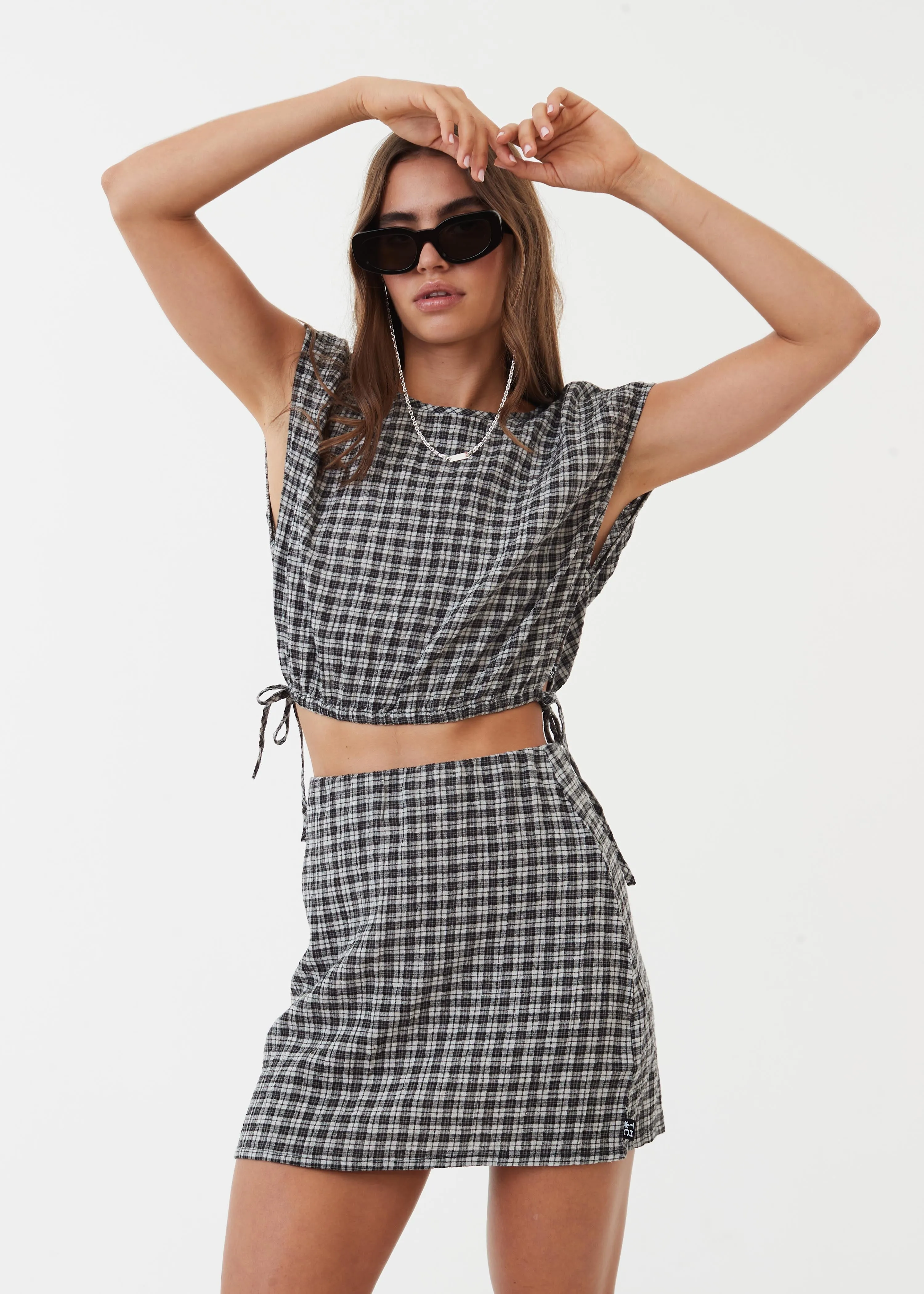 AFENDS Womens Asta - Seeksucker Check Tie Top - Steel