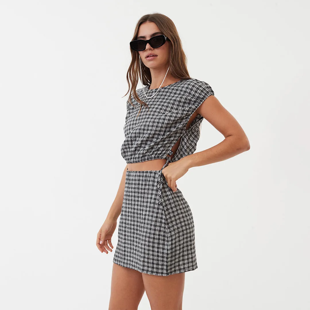 AFENDS Womens Asta - Seeksucker Check Tie Top - Steel