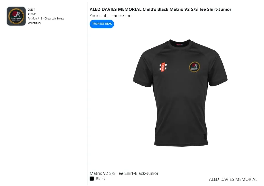 ALED DAVIES MEMORIAL  Child's Black Matrix V2 S/S Tee Shirt-Junior