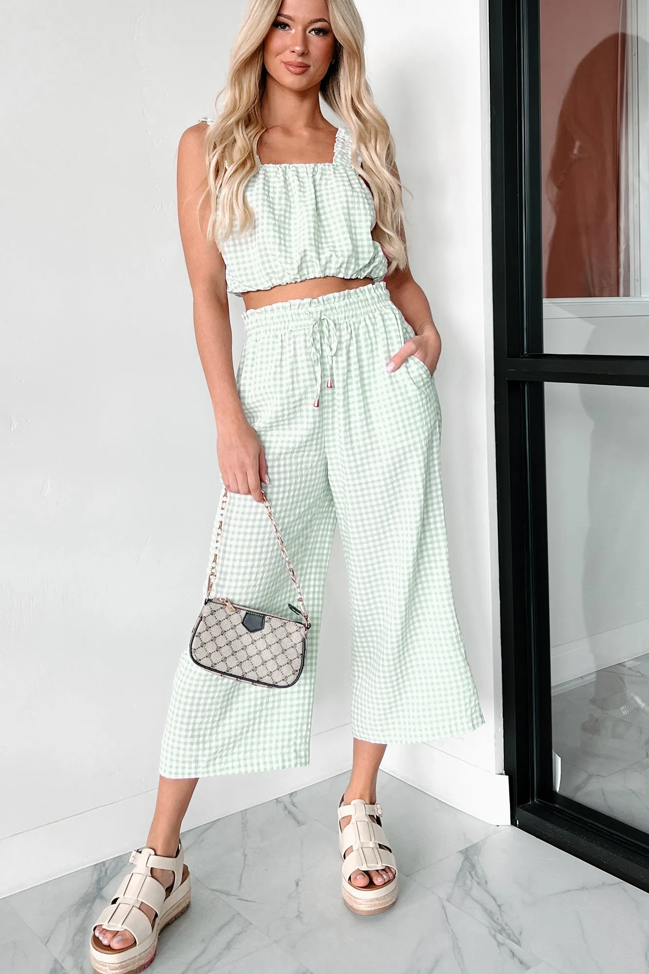 Amanda Gingham Print Crop Top (Sage)