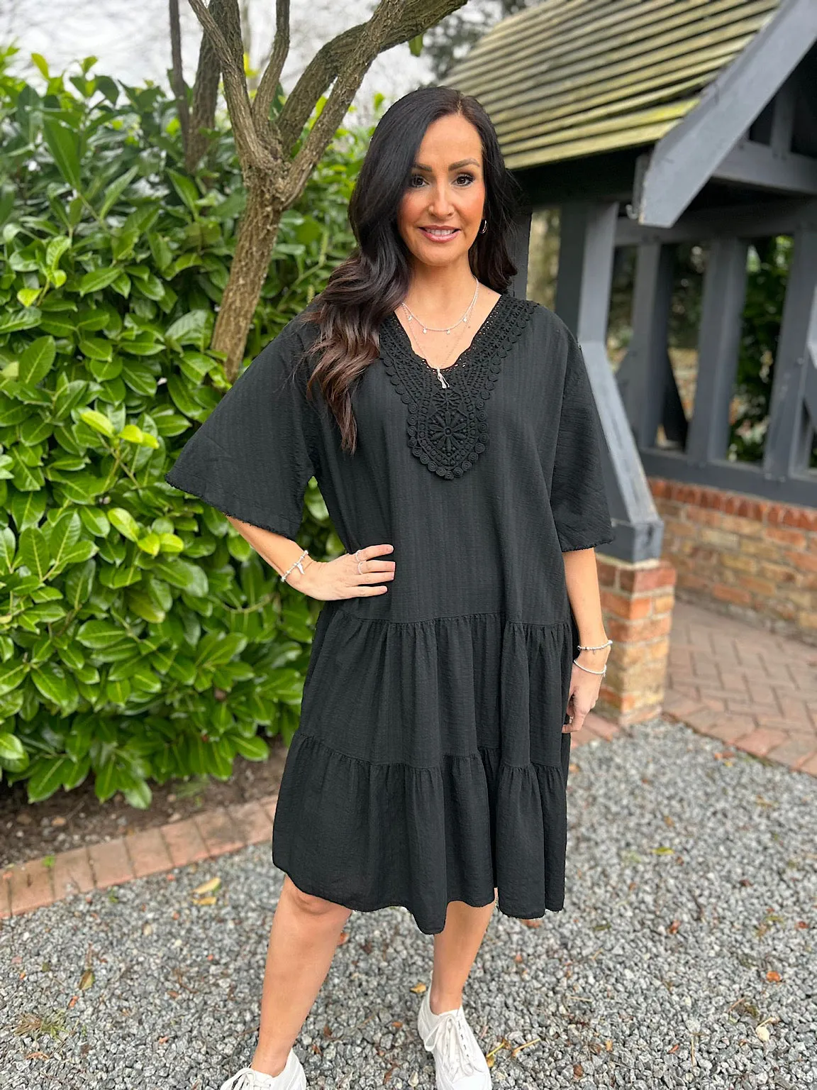 Black Crochet Tiered Tunic Dress Brenda