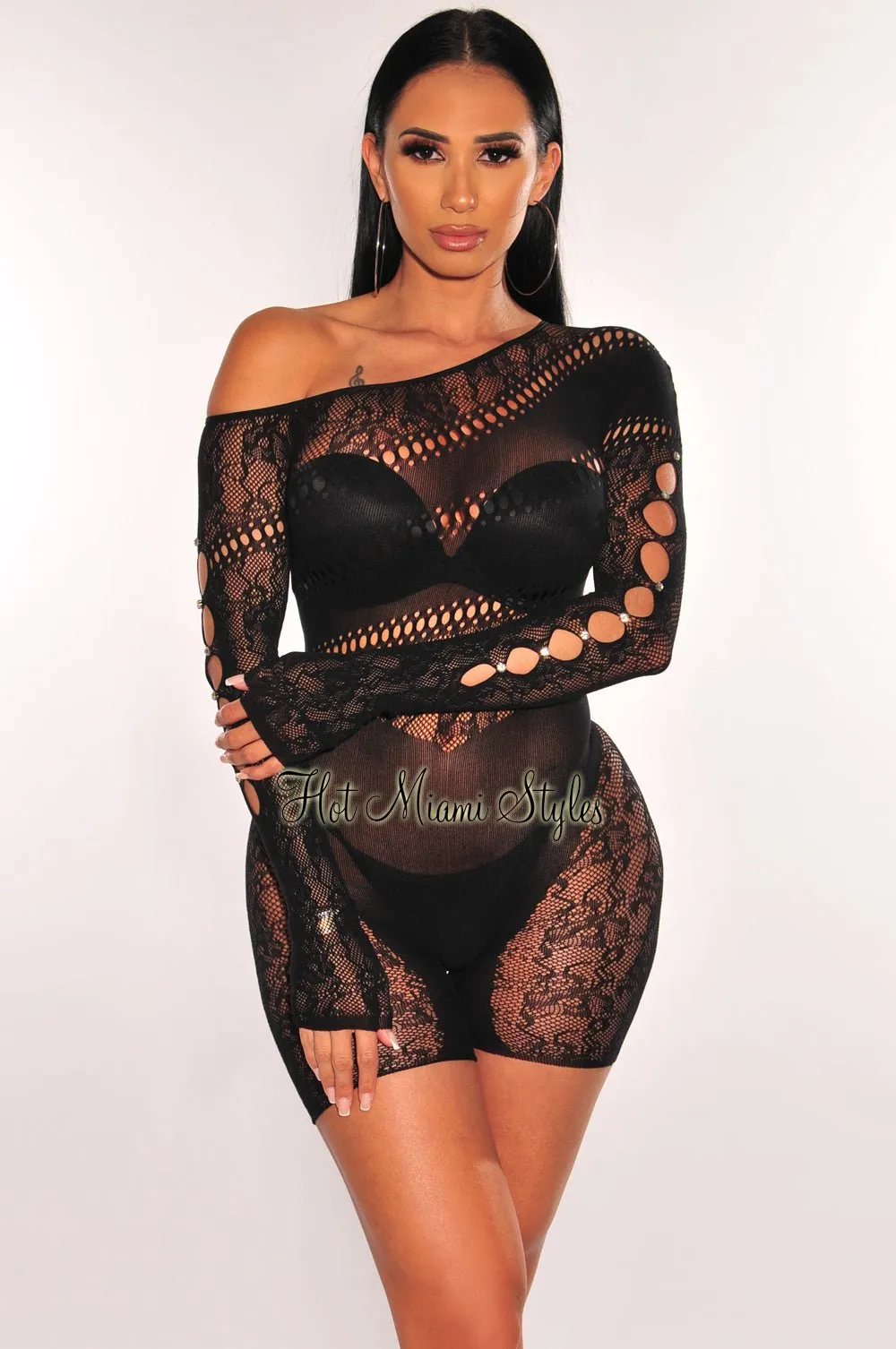 Black Lace Seamless Sheer Long Sleeve One Shoulder Rhinestone Cut Out Romper