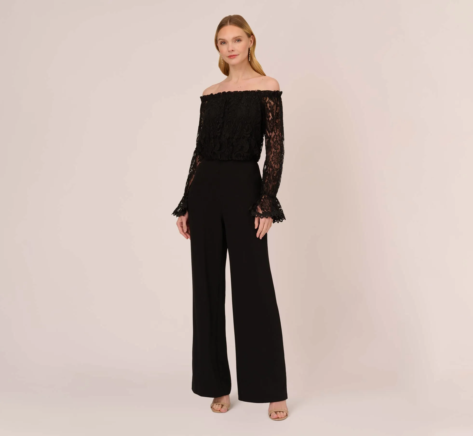 Black Off The Shoulder Crepe Jumpsuit With Lace Bodice In Black