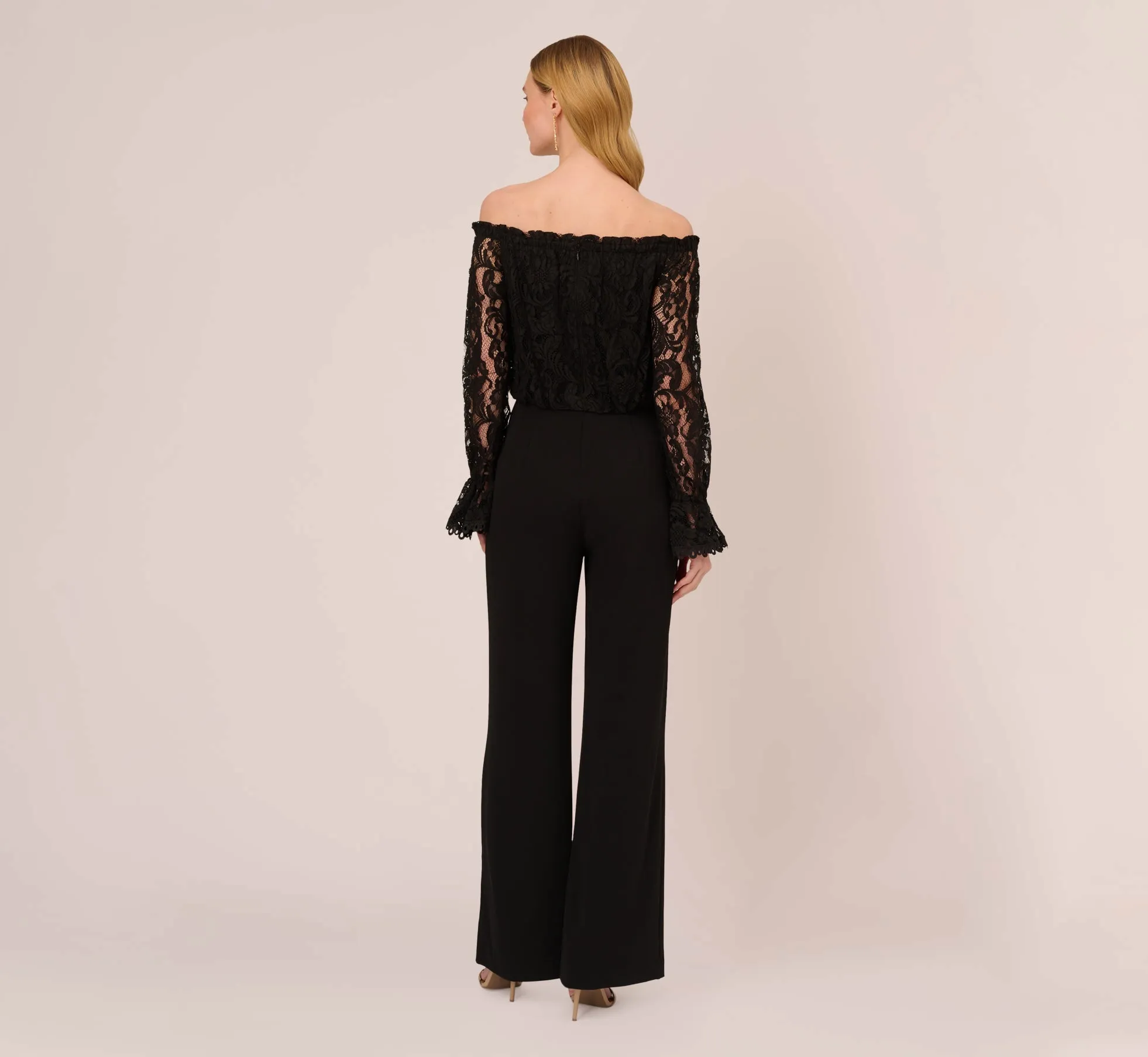 Black Off The Shoulder Crepe Jumpsuit With Lace Bodice In Black