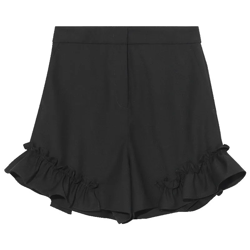 Black Ruffle Straight Women Shorts