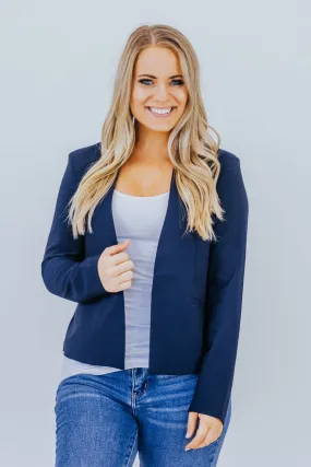 Business As Usual Open Front Blazer Jacket in Navy