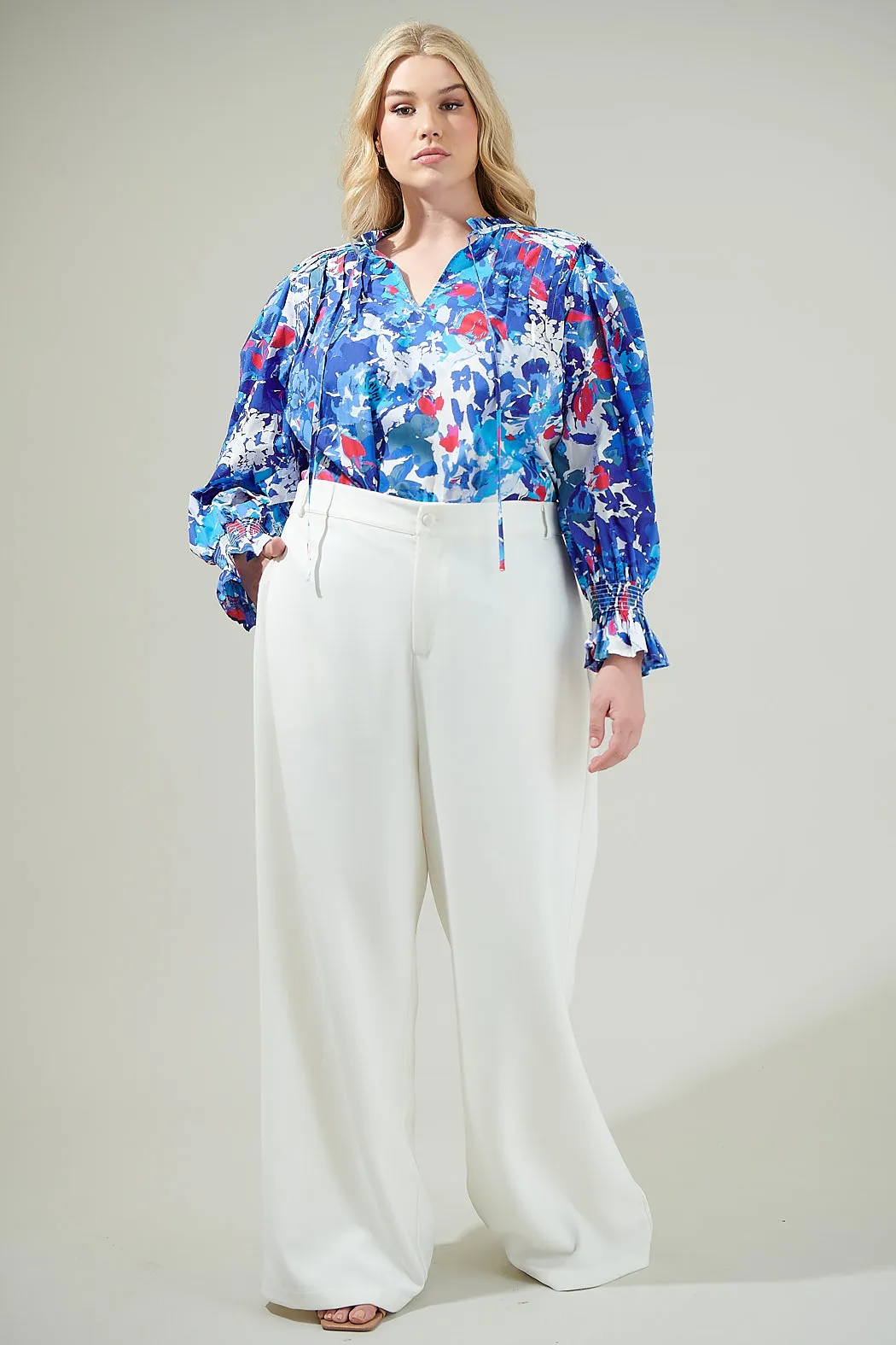 Canvas Floral Russo Pleated Long Sleeve Blouse Curve