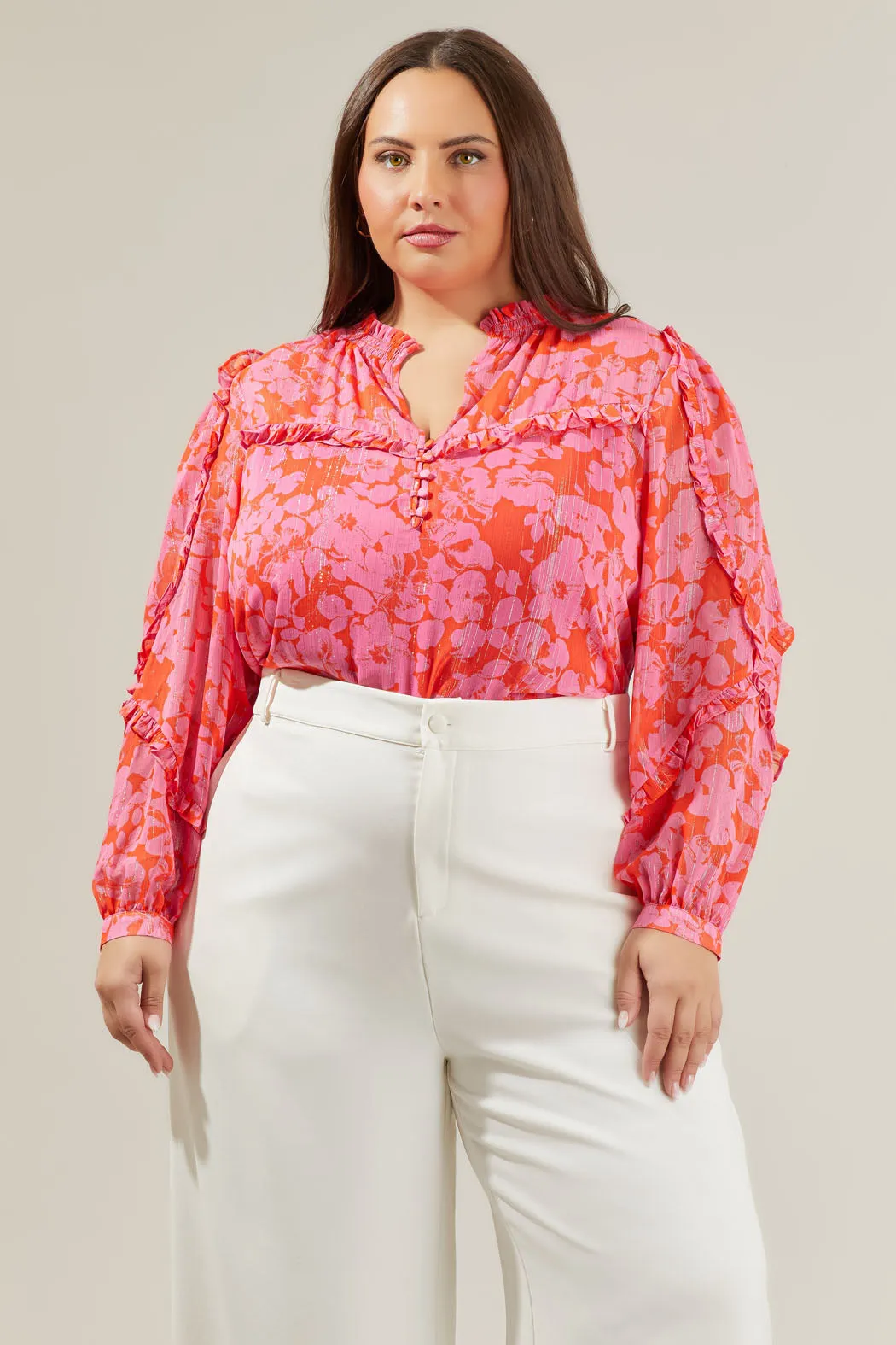 Carolina Reaper Ventura Split Neck Button Blouse Curve