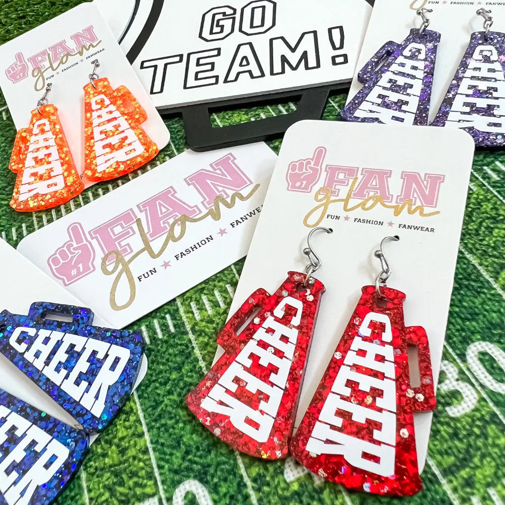 CHEER MEGAPHONE GLITTER GLAM DANGLE EARRINGS