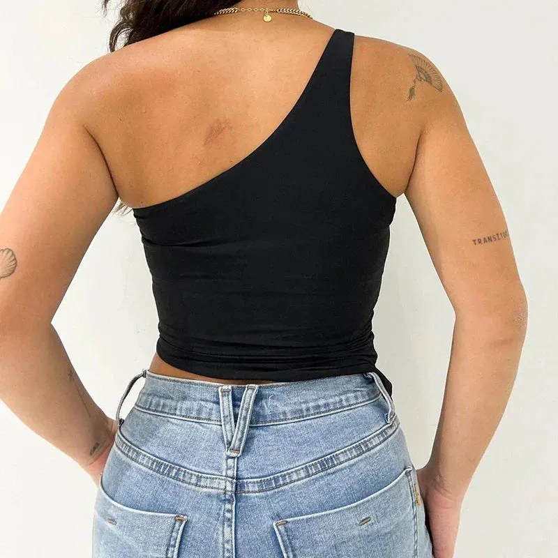 Chic One Shoulder Backless Crop Top White Black Asymmetrical Tank Top