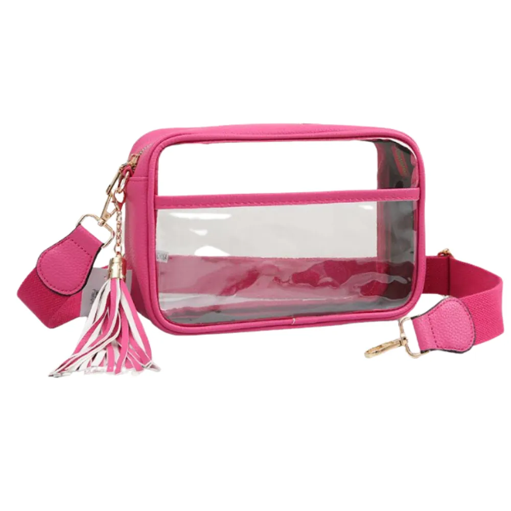 Clear Stadium Bag Zip Top Front Pocket Crossbody - Hot Pink