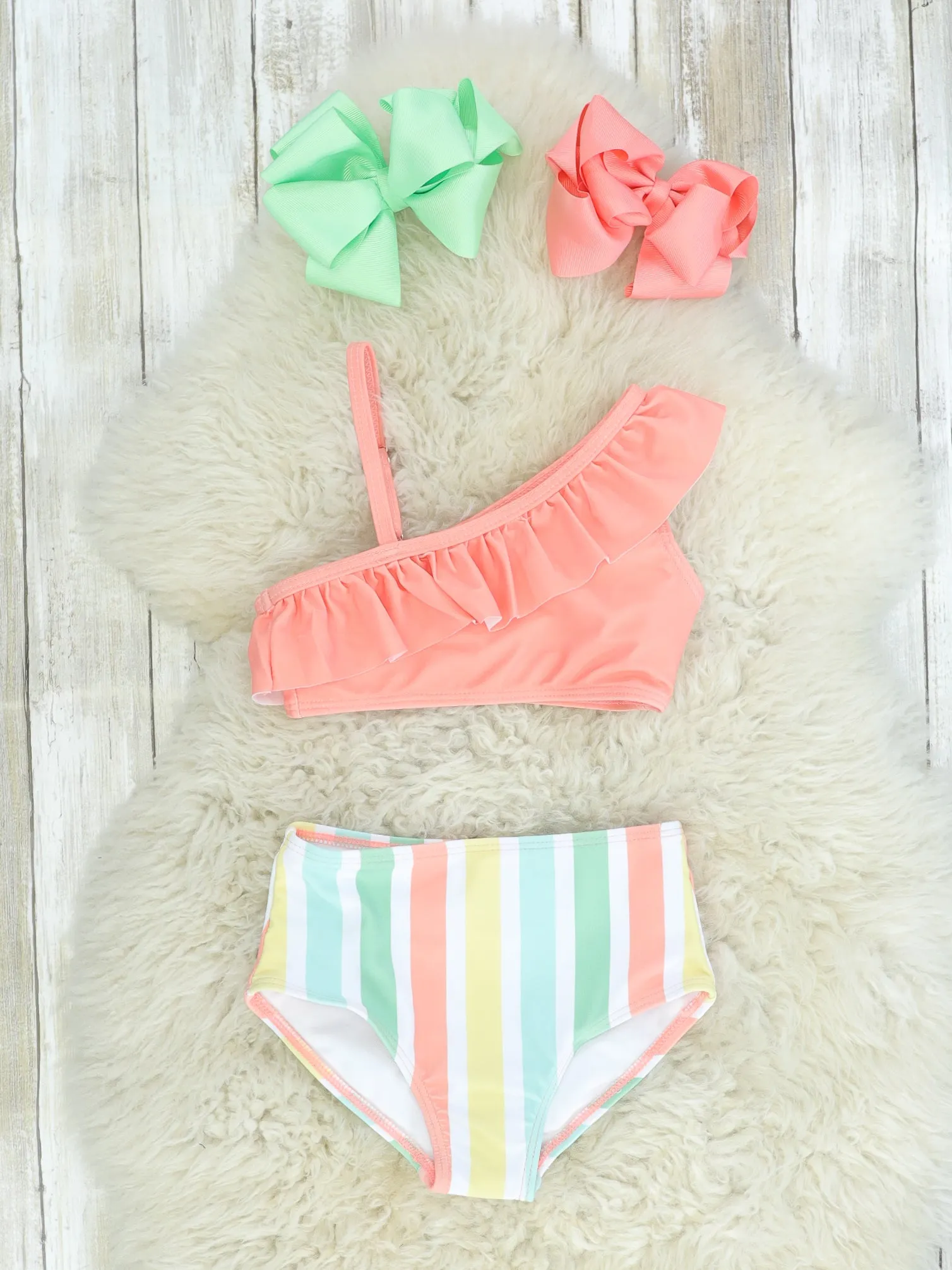 Coral Striped Ruffle Bikini