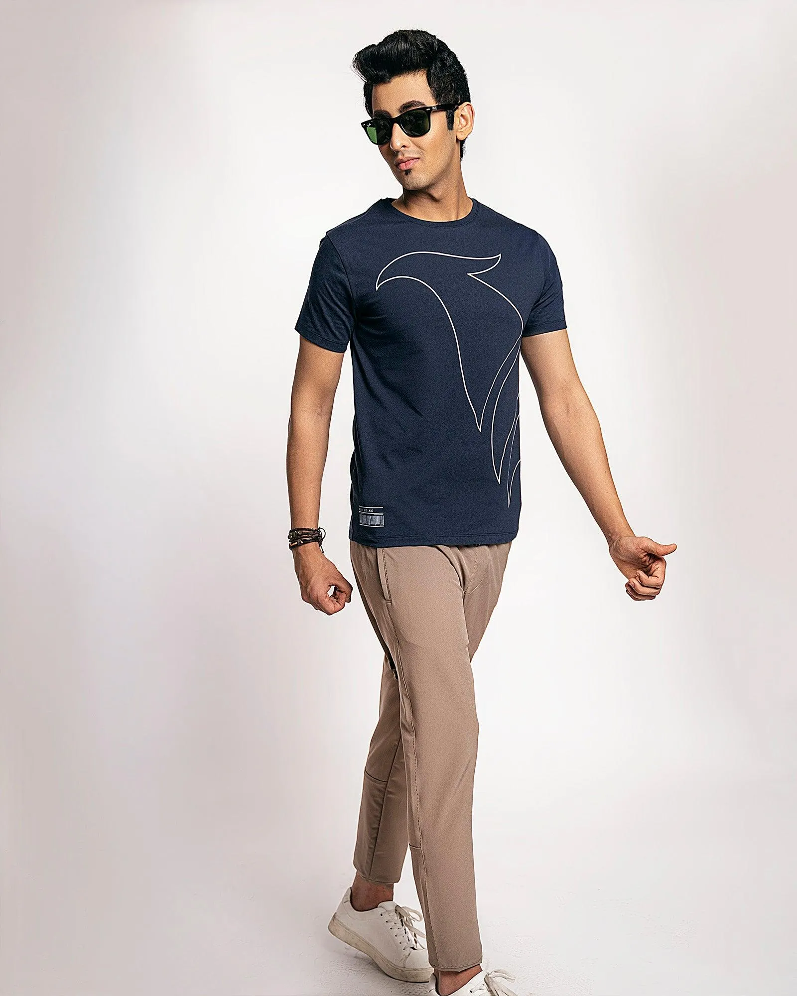 Crew Neck Navy Printed T-Shirt - Galbi