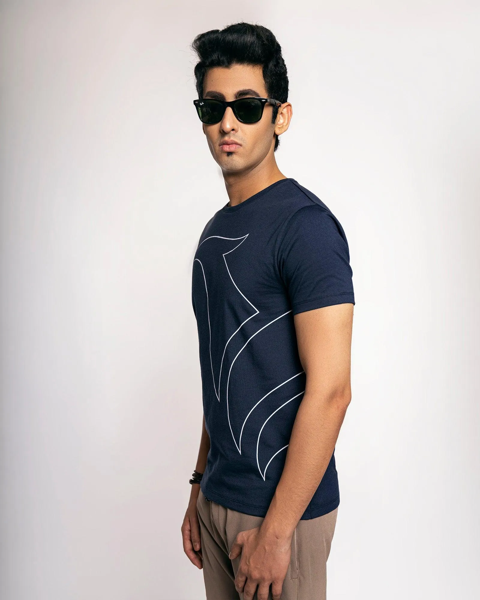 Crew Neck Navy Printed T-Shirt - Galbi