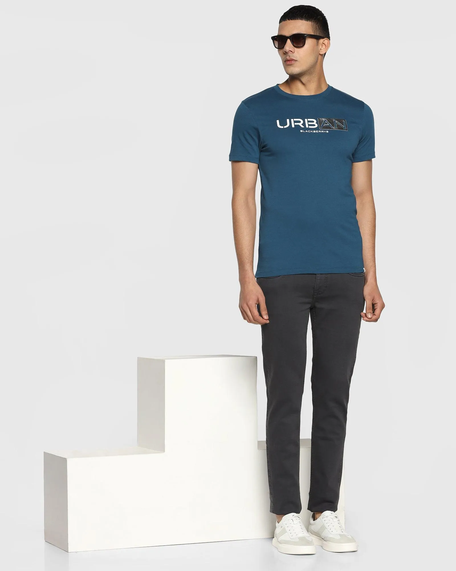 Crew Neck Teal Blue Printed T-Shirt - Calvin