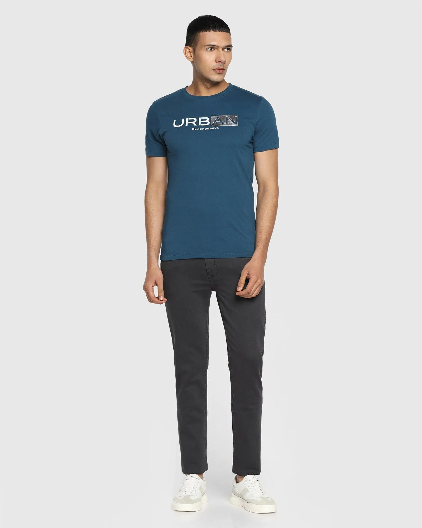 Crew Neck Teal Blue Printed T-Shirt - Calvin