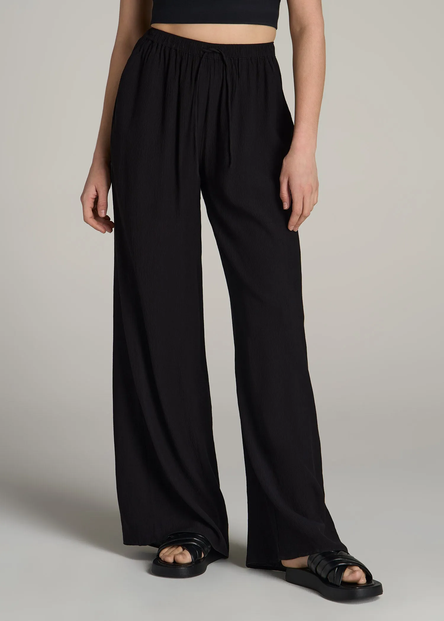 Crinkle Pull-on Wide-leg Pants for Tall Women in Black