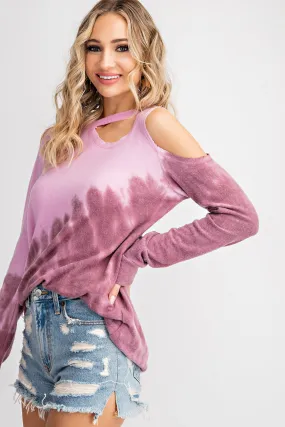 CUT OUT DETAIL CASHMERE FEEL SOFT BRUSHED KNIT LONG SLEEVE TOP WITH TIE DYE - PINK/MAUVE