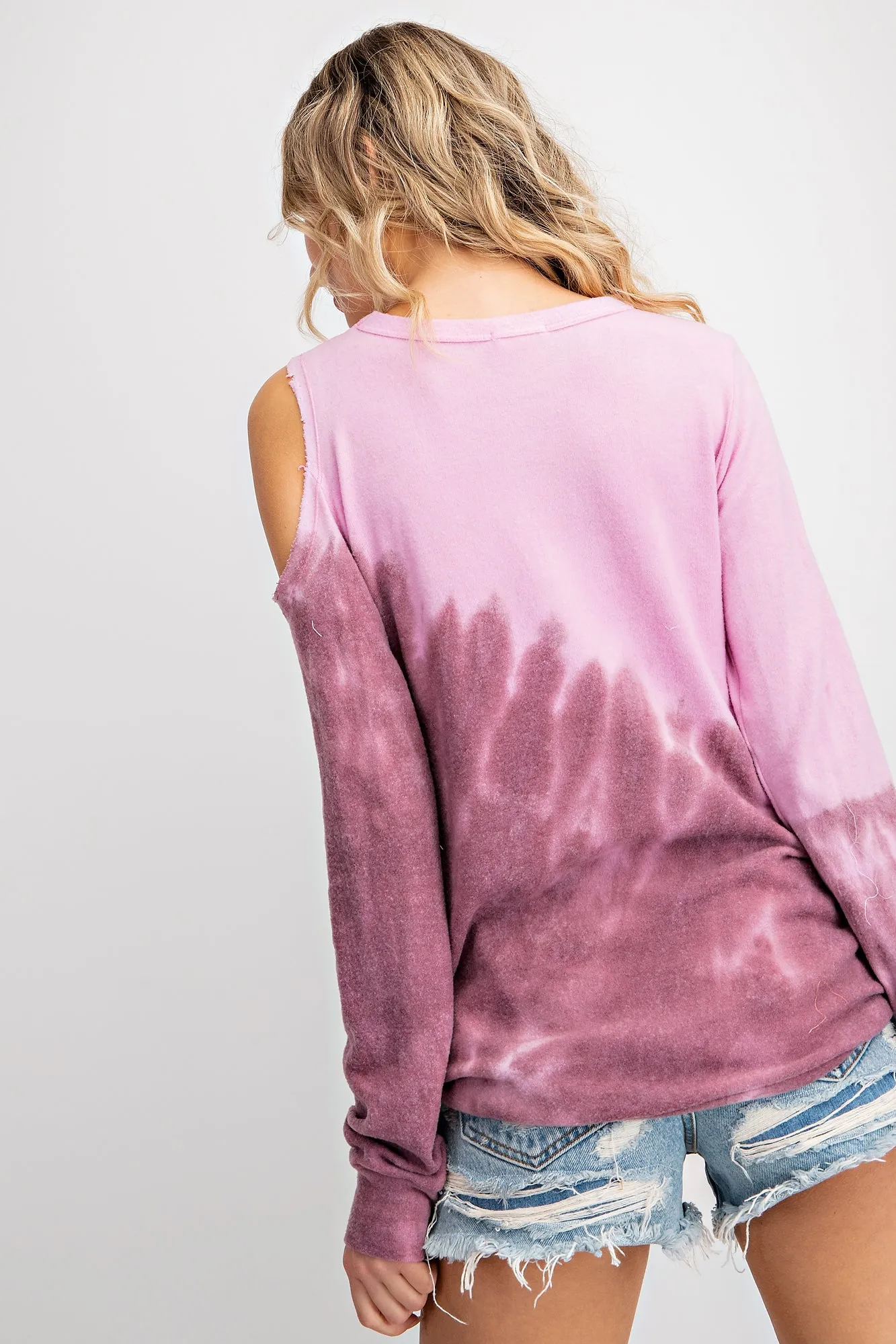 CUT OUT DETAIL CASHMERE FEEL SOFT BRUSHED KNIT LONG SLEEVE TOP WITH TIE DYE - PINK/MAUVE