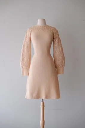 Cutest 1970's Ivory Cream Crochet Knit Day Dress/ Sz M