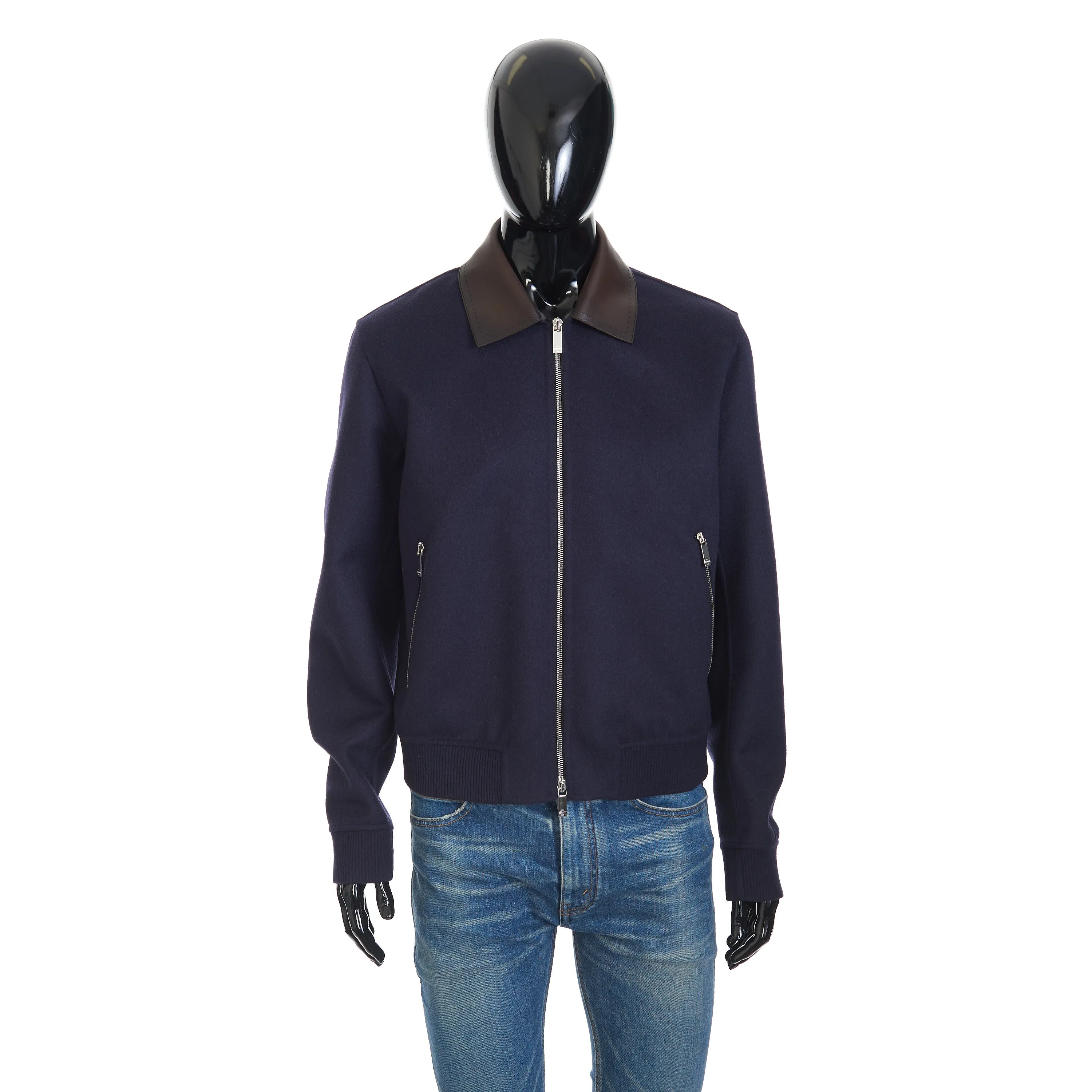 Double Face Blouson Jacket With Patinated Leather Collar