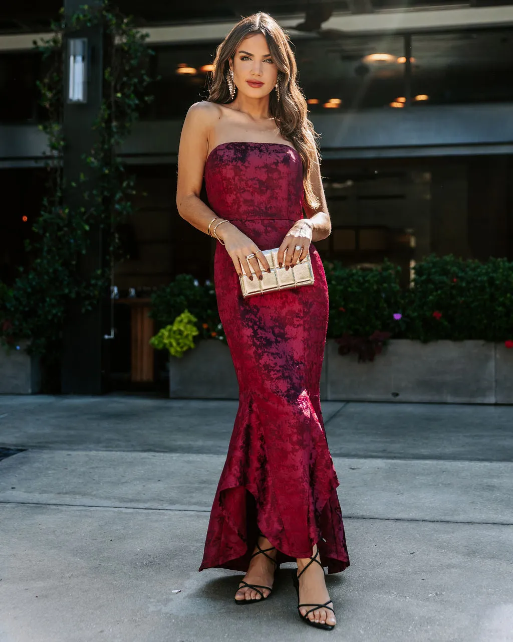 Elliana Strapless Embossed Ruffle Maxi Dress