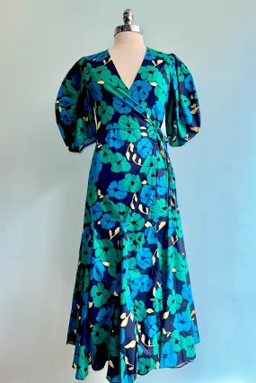 Emerald and Navy Balloon Sleeve Wrap Dress