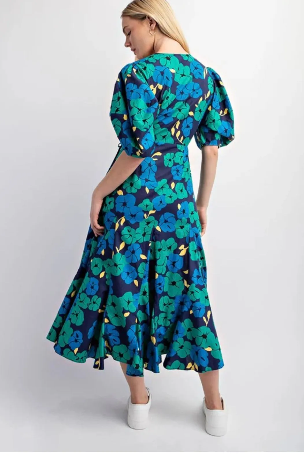 Emerald and Navy Balloon Sleeve Wrap Dress