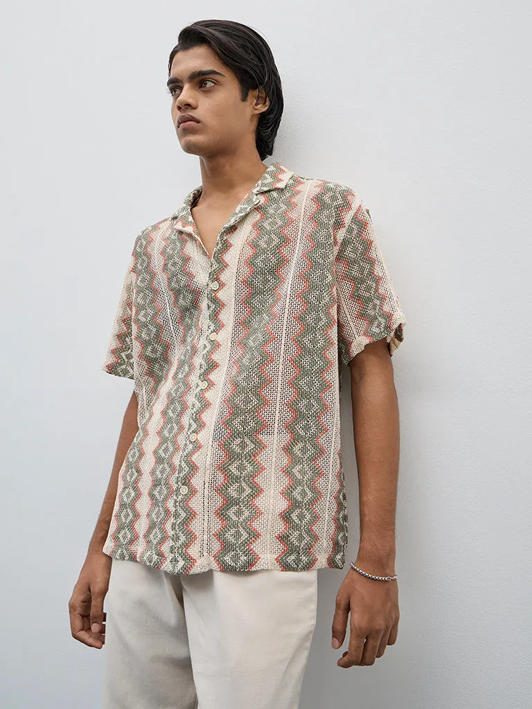 ETA Olive Crochet Designed Relaxed-Fit Cotton Shirt