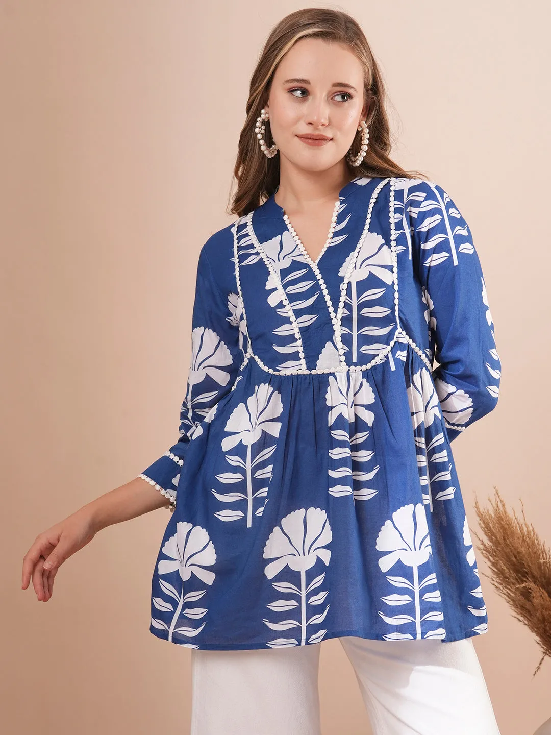 Ethnic Floral Block Printed A-Line Short Cotton Kurti - Blue