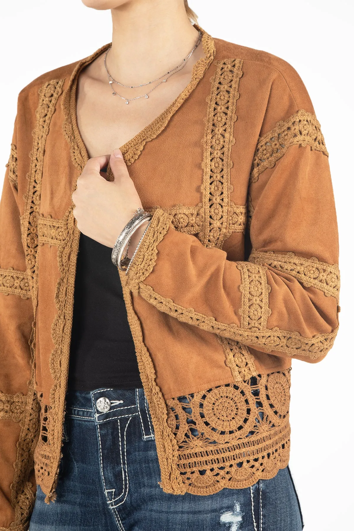 Faux Suede Crochet Open Cardigan