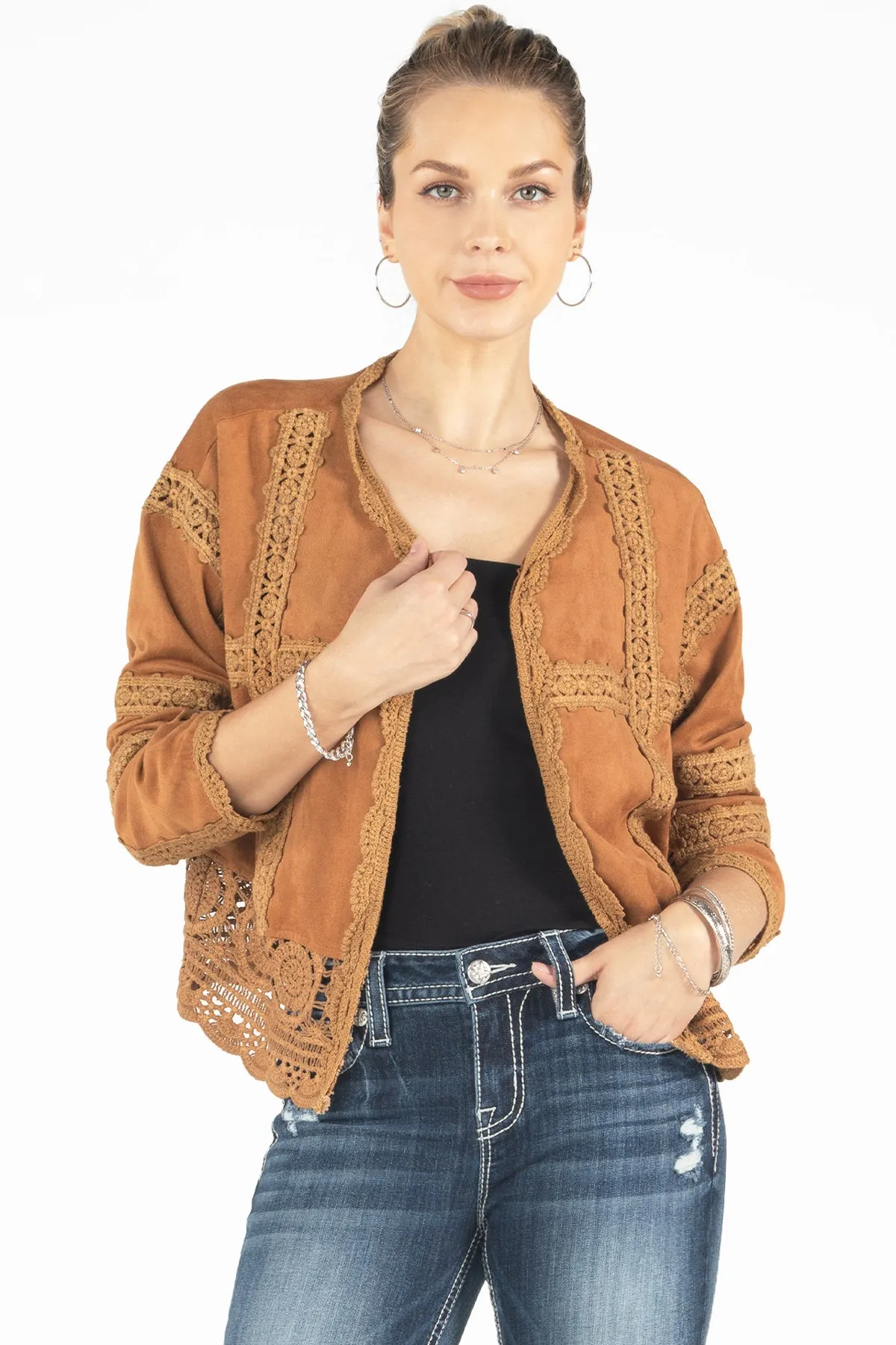 Faux Suede Crochet Open Cardigan