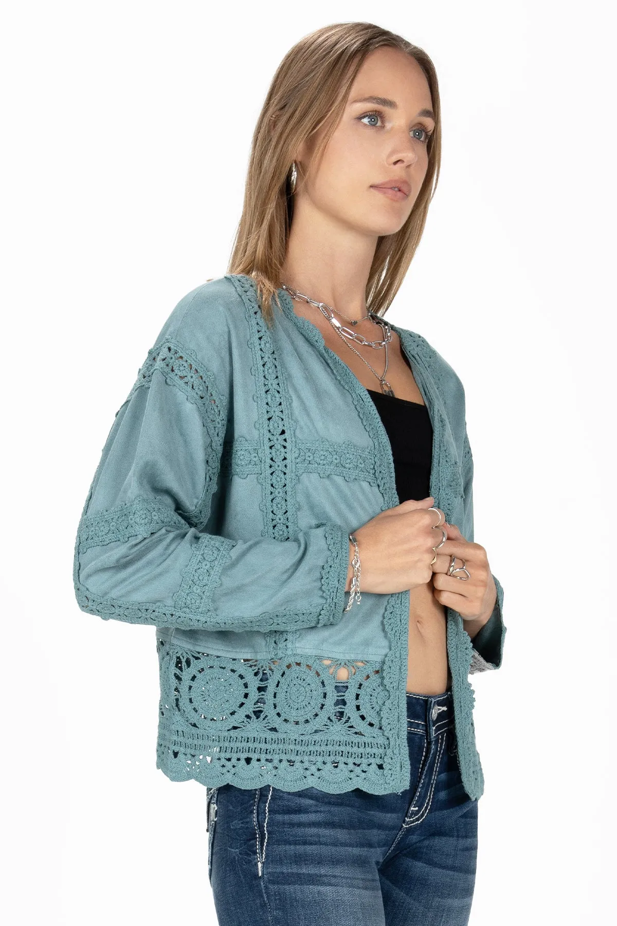 Faux Suede Crochet Open Cardigan