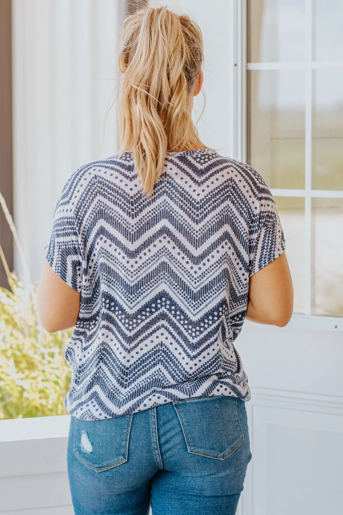 Feeling Good Chevron Print Dolman Short Sleeve Top in Navy