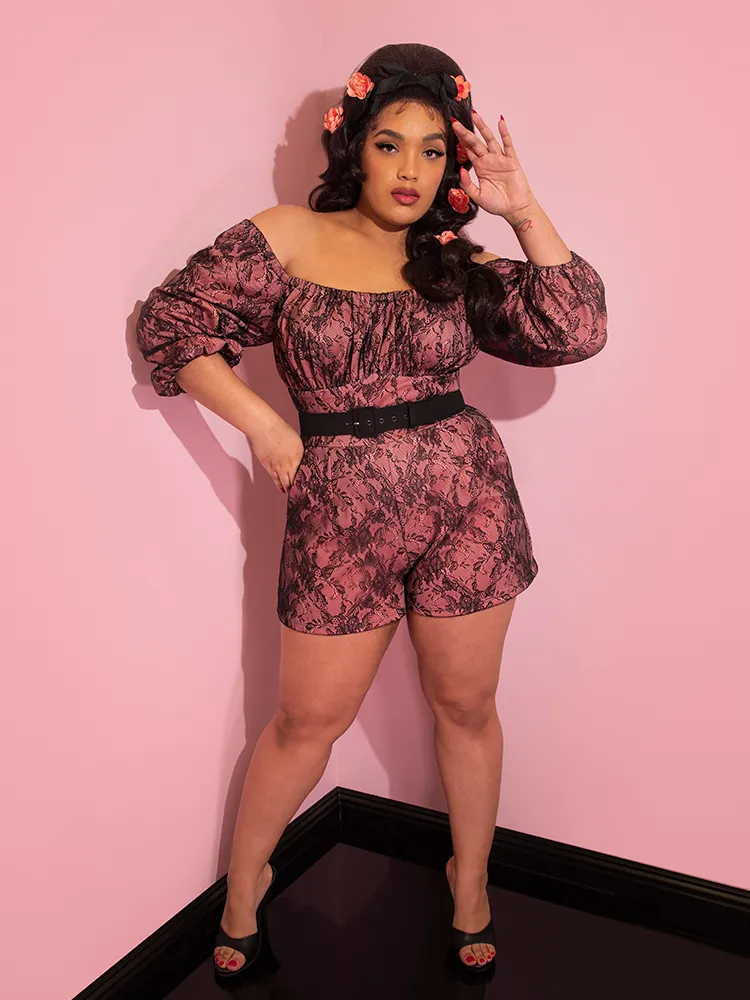 FINAL SALE - Vacation Playsuit in Peach and Black Lace - Vixen by Micheline Pitt