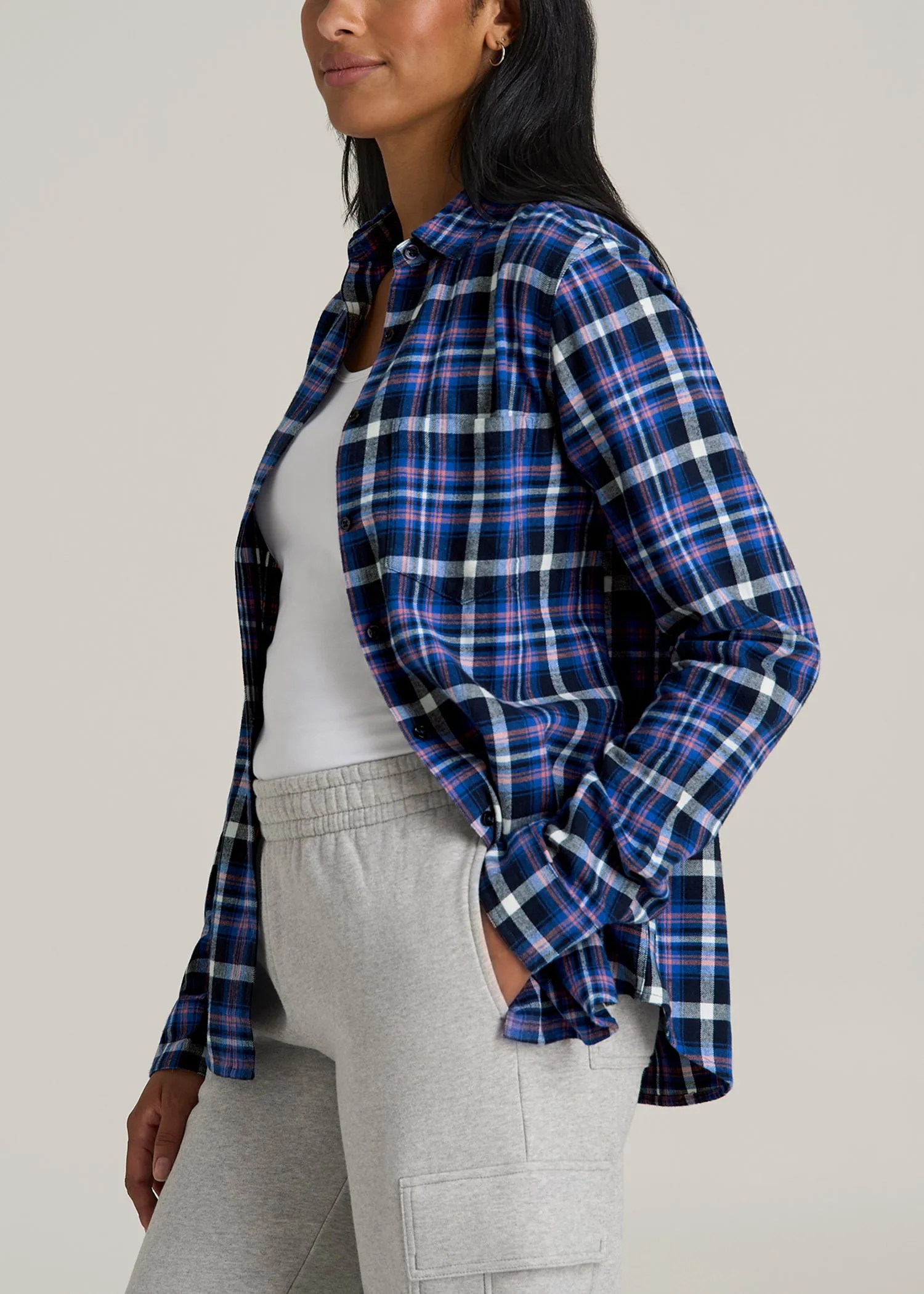 Flannel Button-Up Shirt for Tall Women in Cobalt, Navy, and Peach Plaid