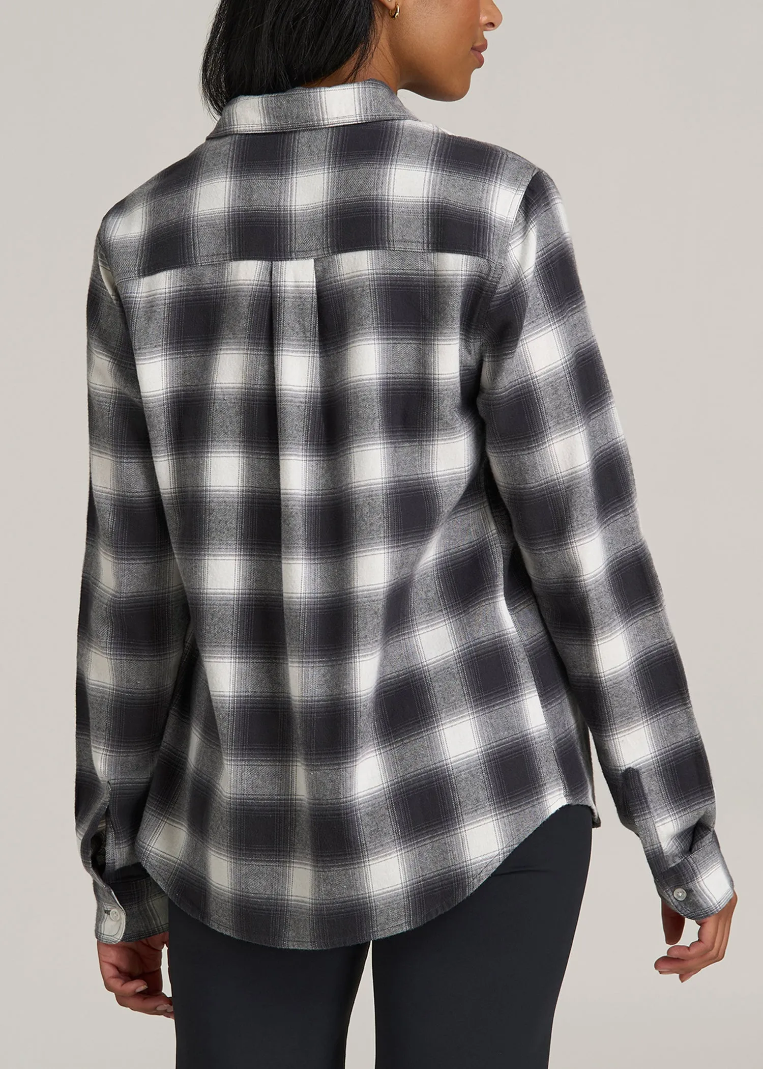 Flannel Button-Up Shirt for Tall Women in Grey and White Plaid