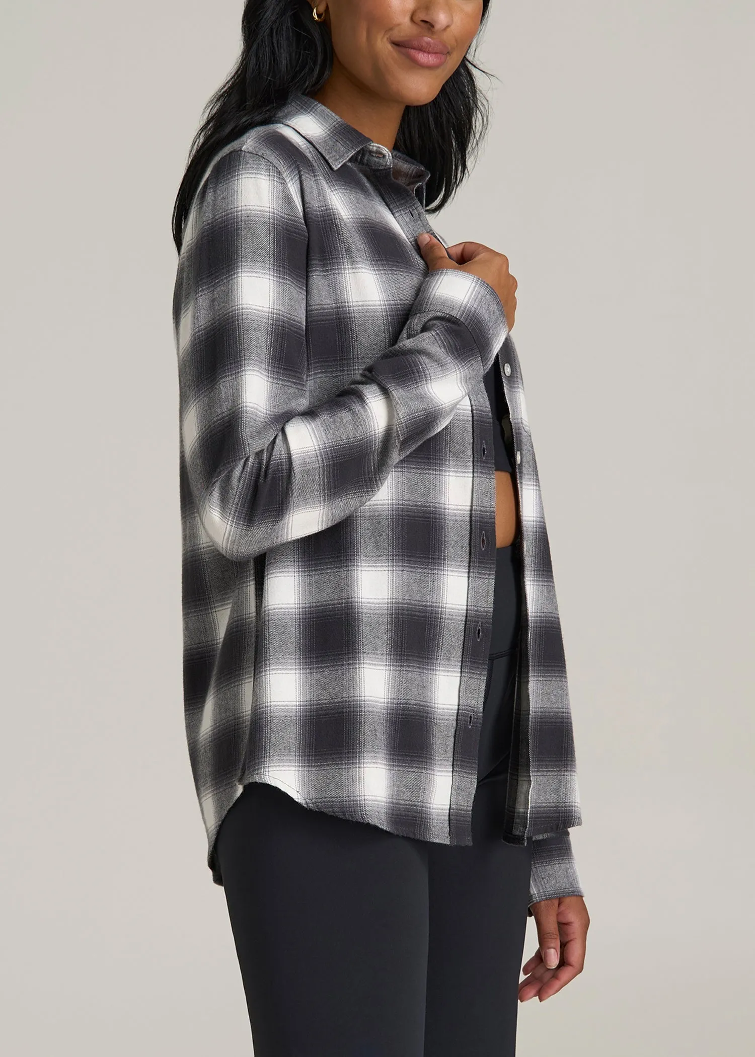 Flannel Button-Up Shirt for Tall Women in Grey and White Plaid