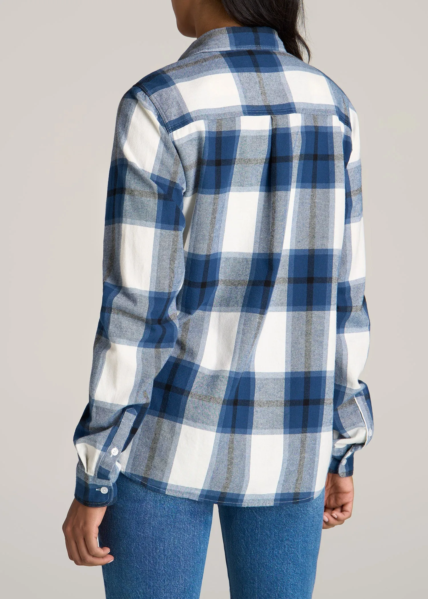 Flannel Button-Up Shirt for Tall Women in Ocean Blue and White