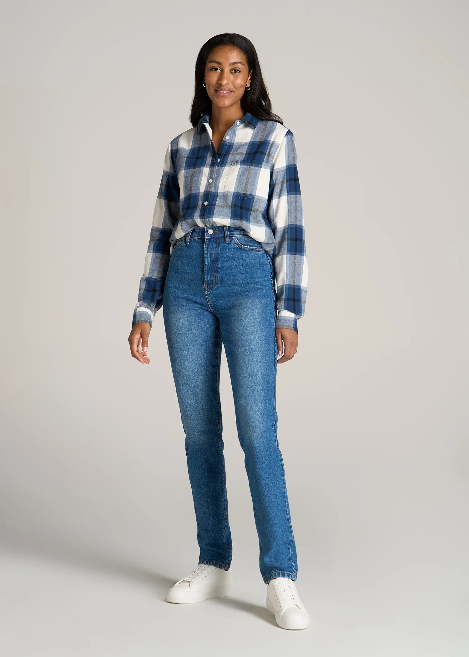 Flannel Button-Up Shirt for Tall Women in Ocean Blue and White