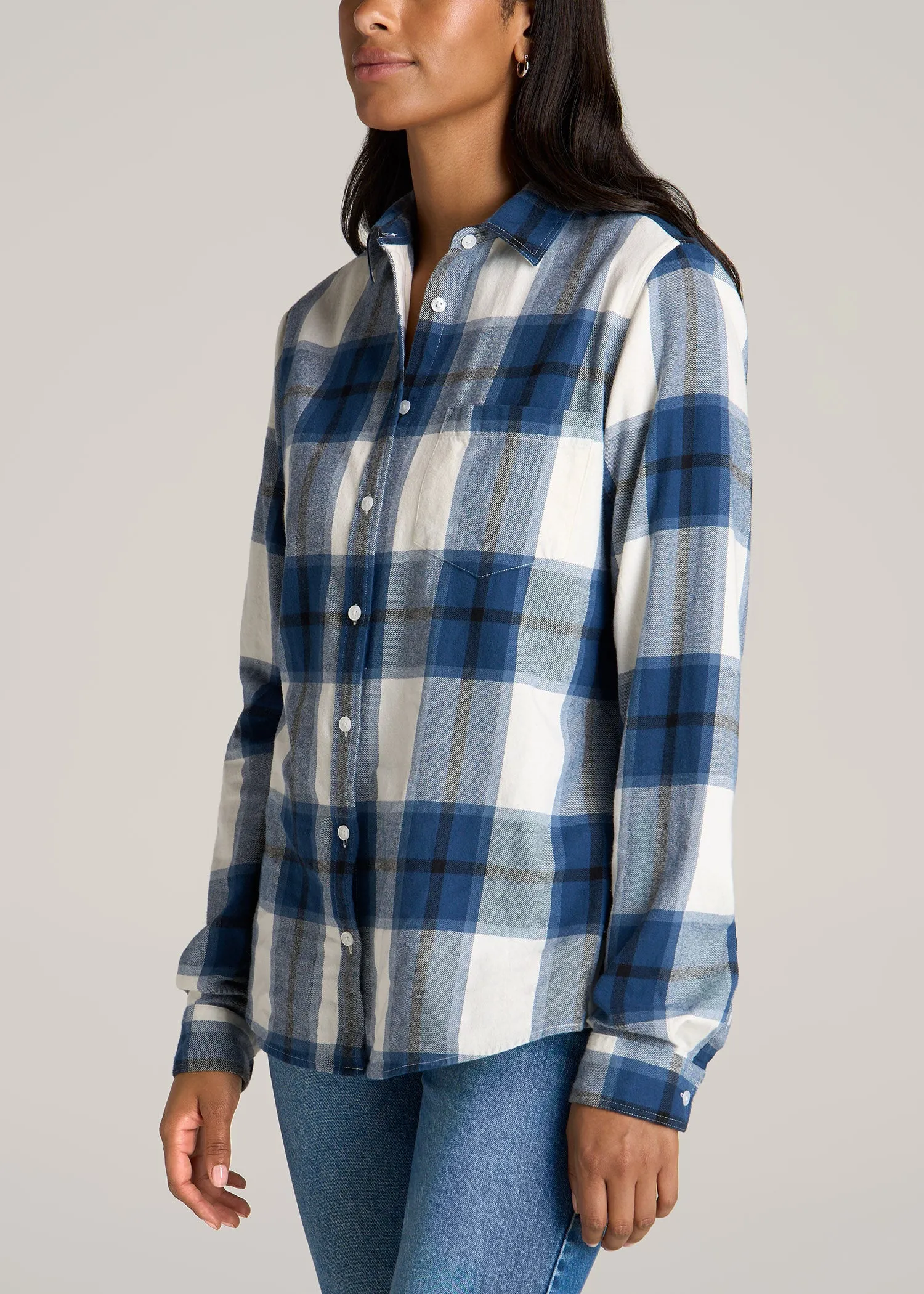 Flannel Button-Up Shirt for Tall Women in Ocean Blue and White