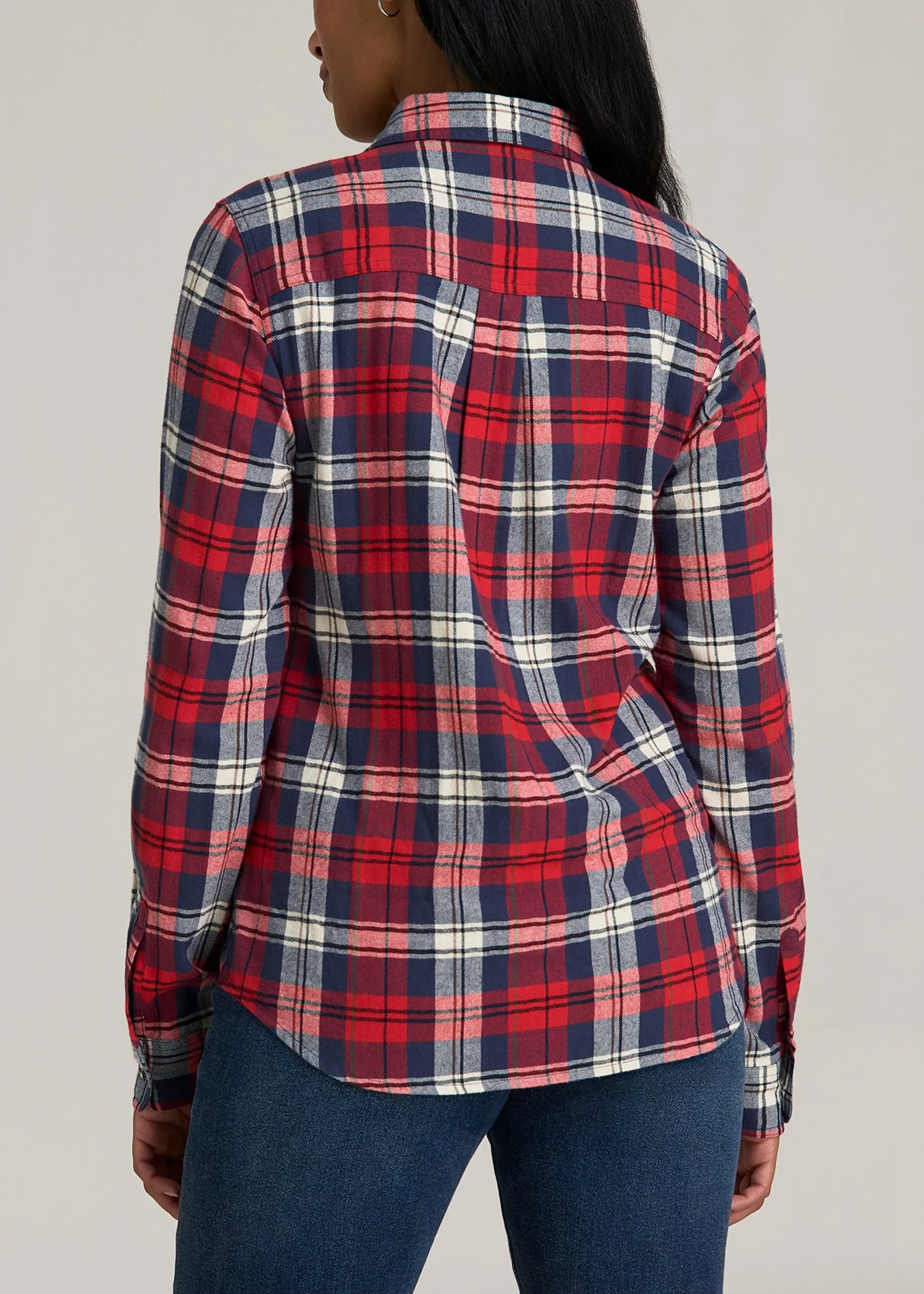 Flannel Button-Up Shirt for Tall Women in Rich Red Plaid