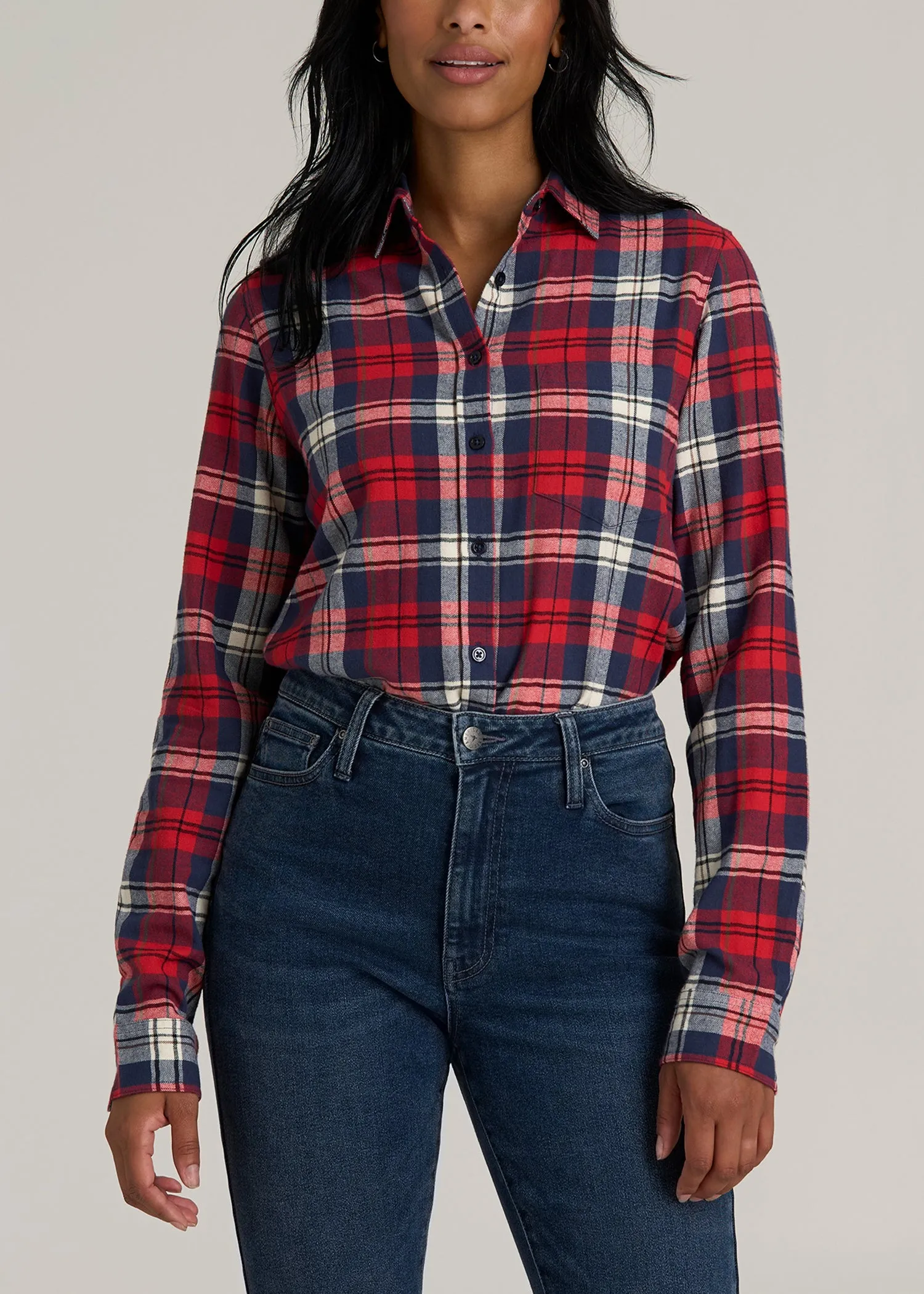 Flannel Button-Up Shirt for Tall Women in Rich Red Plaid