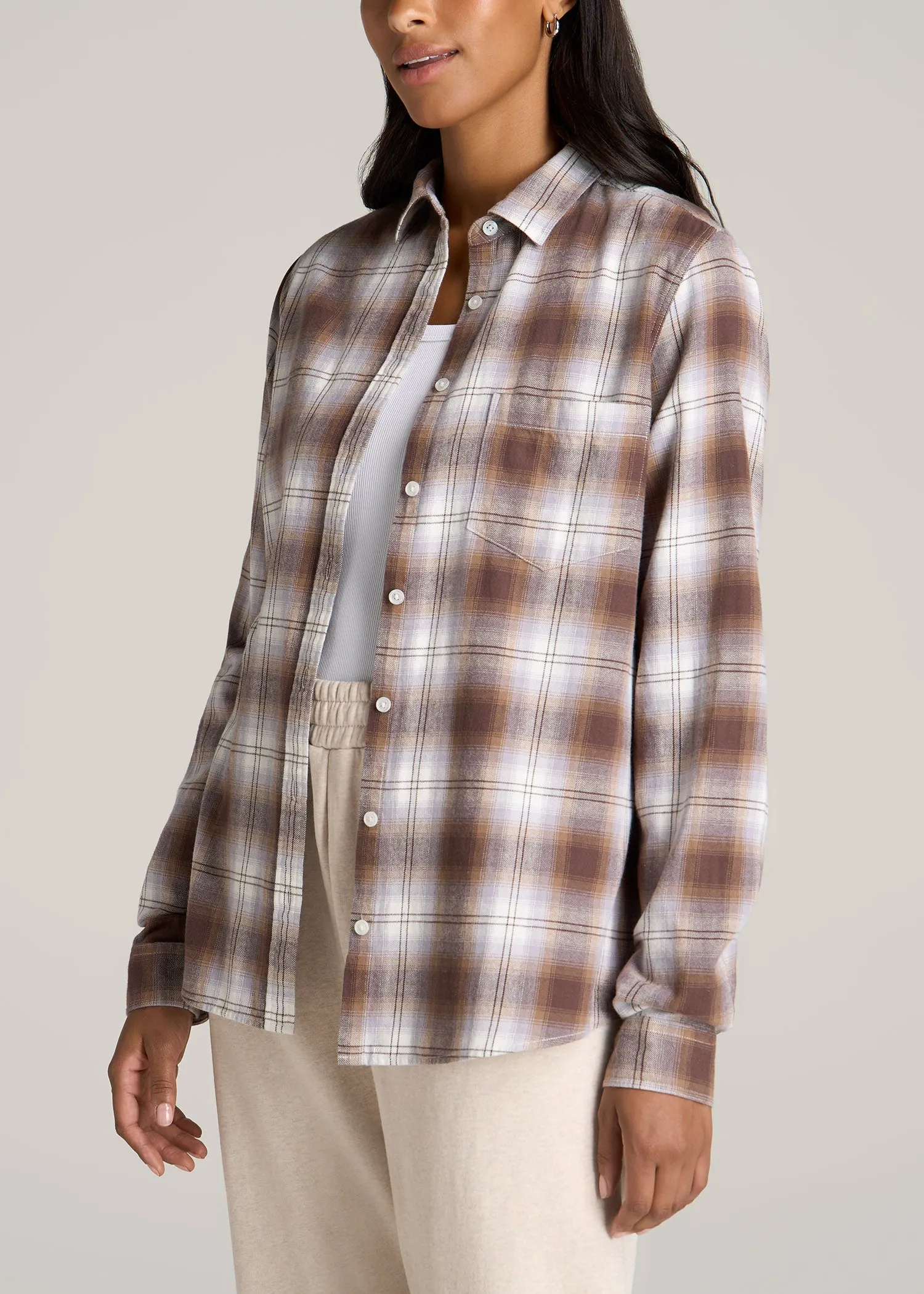 Flannel Button-Up Shirt for Tall Women in Taupe and Grey