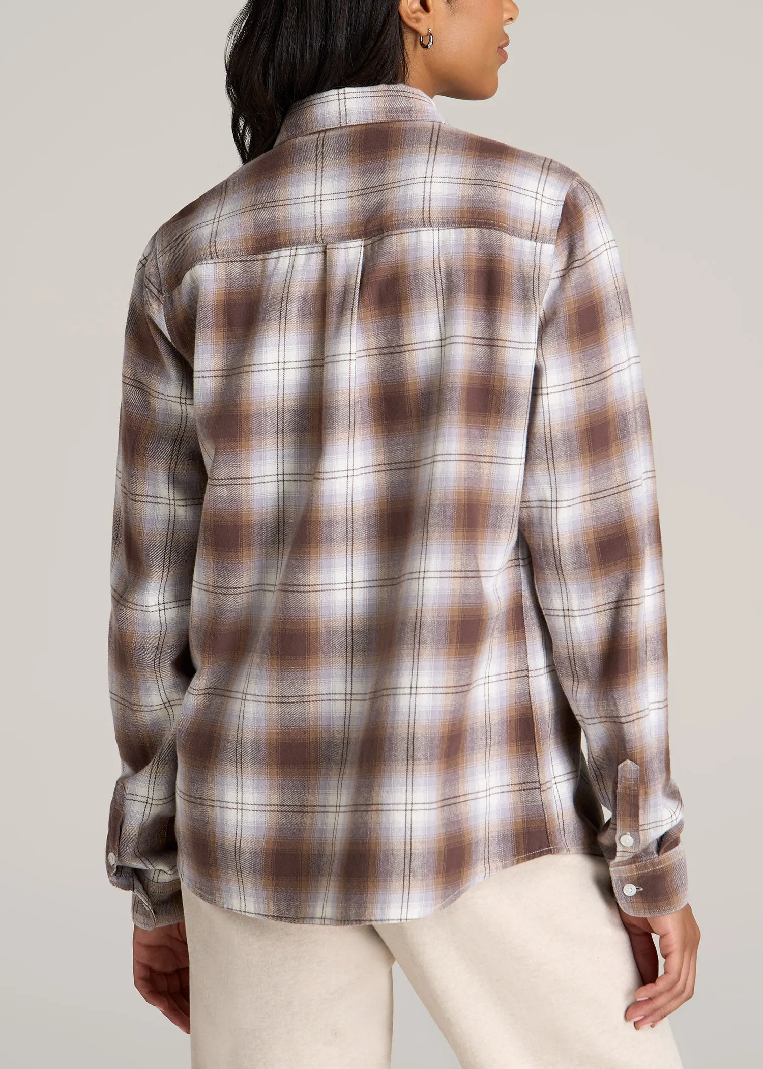 Flannel Button-Up Shirt for Tall Women in Taupe and Grey