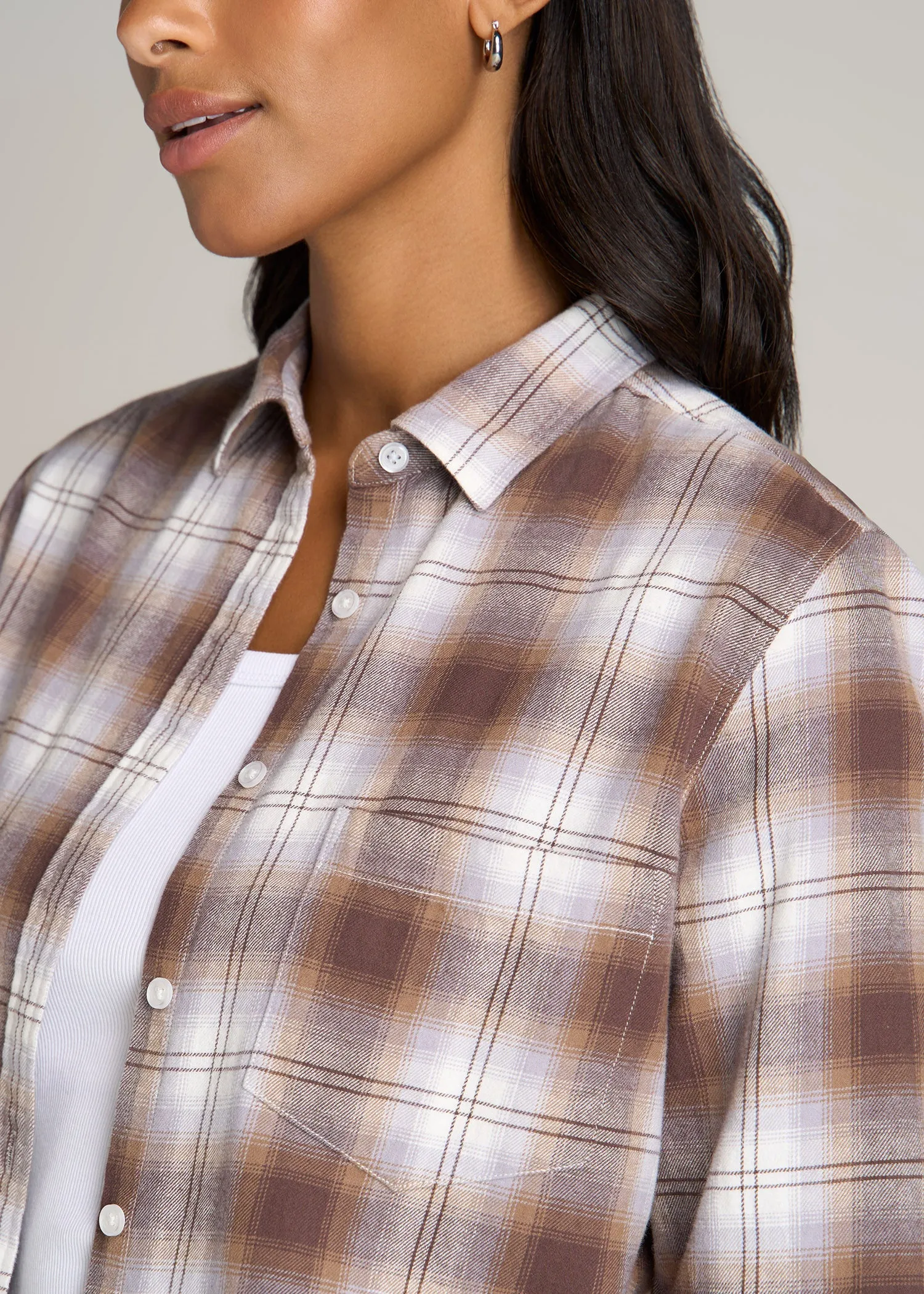 Flannel Button-Up Shirt for Tall Women in Taupe and Grey