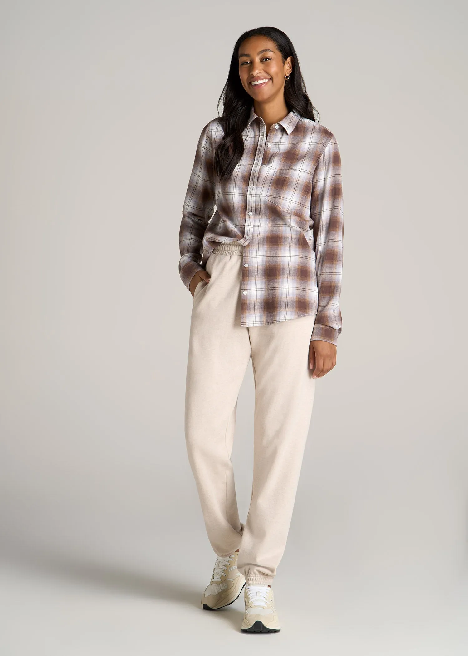 Flannel Button-Up Shirt for Tall Women in Taupe and Grey